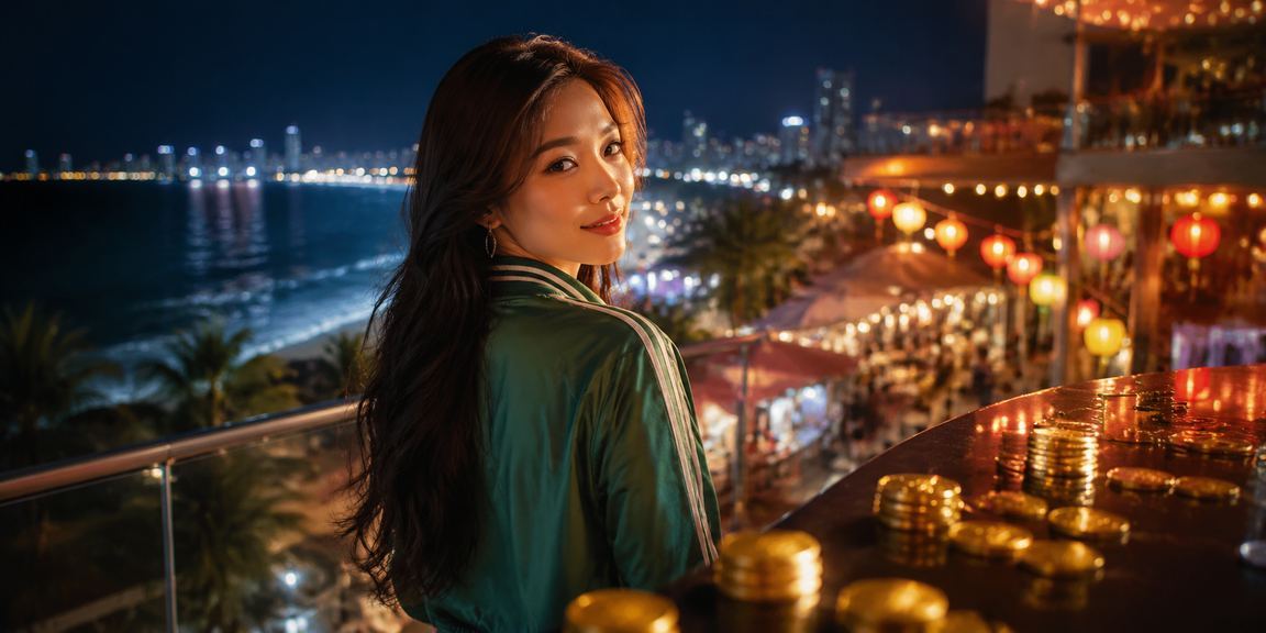 Cảnh chợ đêm Đà Nẵng với người dùng mở ứng dụng casino trực tuyến trên điện thoại di động