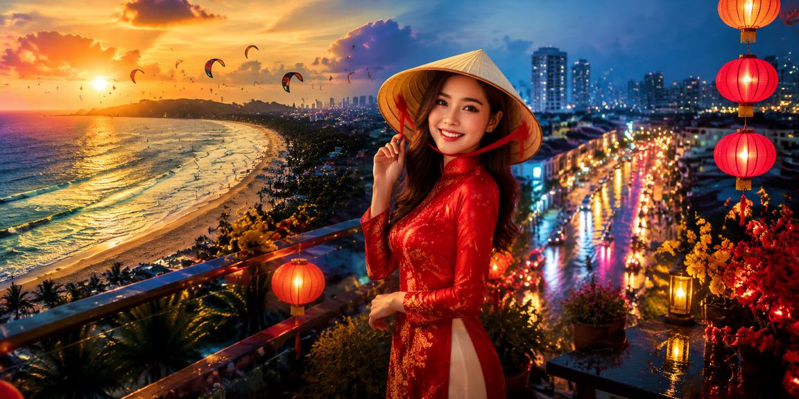 Người dùng xem thông tin cá cược thể thao tại bãi biển Mũi Né với nón lá truyền thống